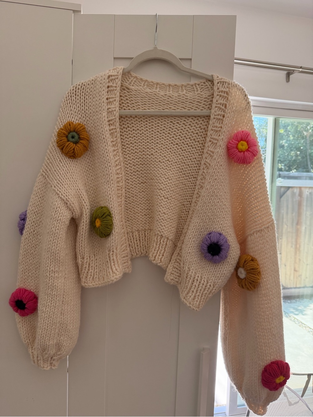 Cream Cropped Crochet Knit Cardigan with Colorful Pom Flowers